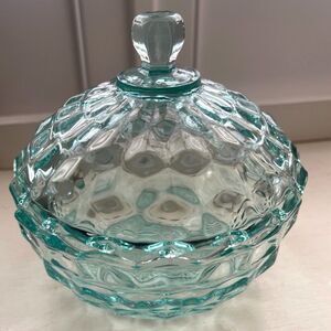 Vintage Indiana Glass Covered Candy Dish Colony Aquamarine Blue Whitehall 1980s